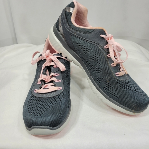 Skechers Air-Cooled Grey & Pink Memory Foam Mesh Lite-Weight Sneakers Size 7 - Picture 1 of 13